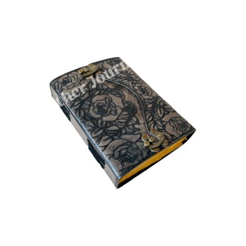 Flower Leather Journal Antique Embossed Charcoal Book of Shadows Prop Handmade Paper Personal Organizer Gift for Him her